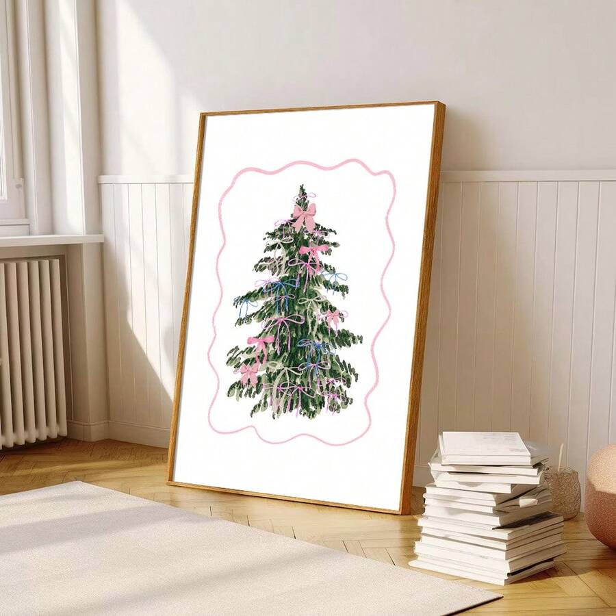 Framed pastel bow Christmas tree art beside wrapped holiday gifts