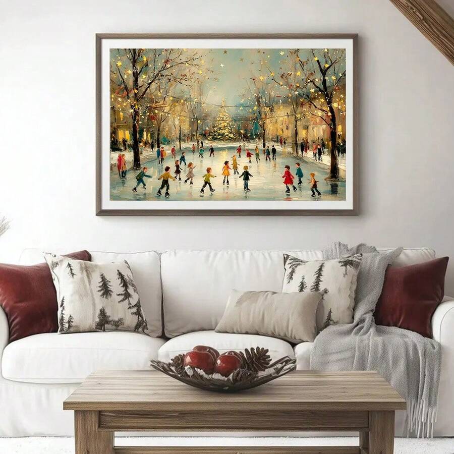 Whimsical Christmas Town & Flying Santa Sleigh Winter Landscape Canvas Poster 