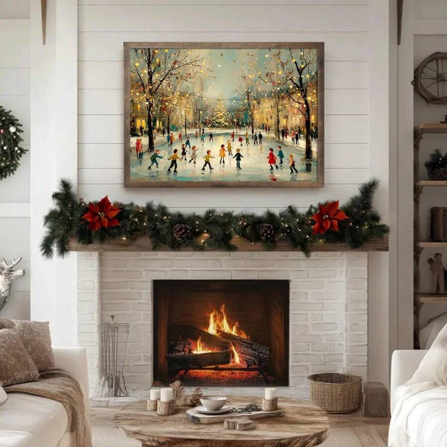 Whimsical Christmas Town & Flying Santa Sleigh Winter Landscape Canvas Poster 
