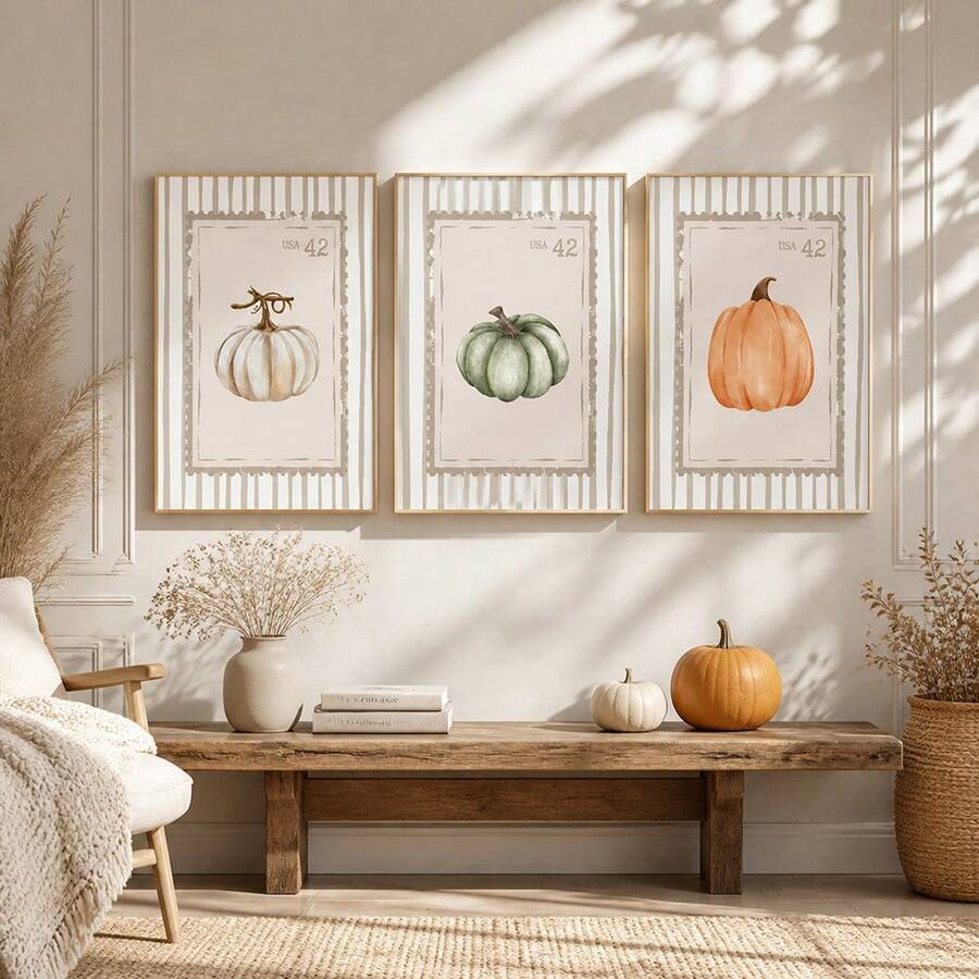 Watercolor Pumpkin Maple Leaves Hello Autumn Vintage Cottagecore Canvas Poster Set