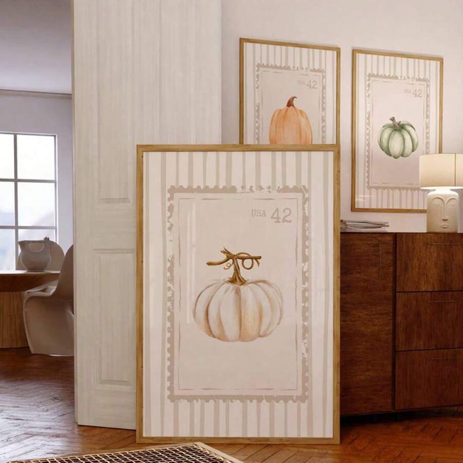 Watercolor Pumpkin Maple Leaves Hello Autumn Vintage Cottagecore Canvas Poster Set