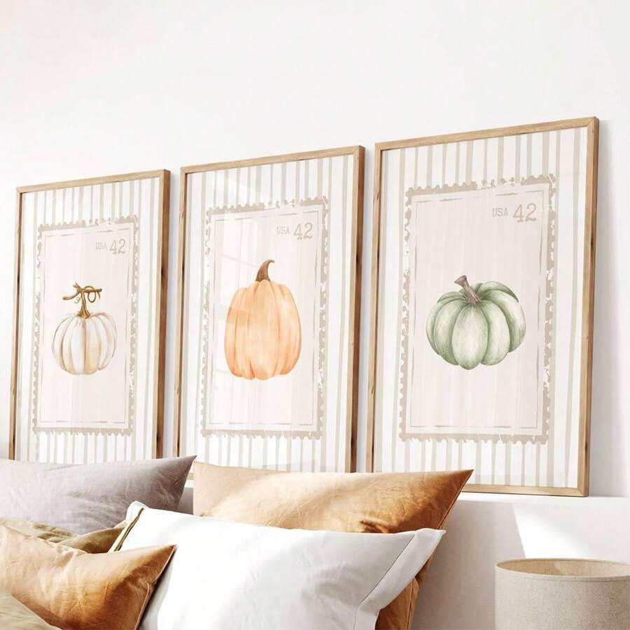 Watercolor Pumpkin Maple Leaves Hello Autumn Vintage Cottagecore Canvas Poster Set
