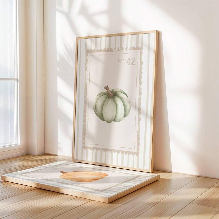 Watercolor Pumpkin Maple Leaves Hello Autumn Vintage Cottagecore Canvas Poster Set