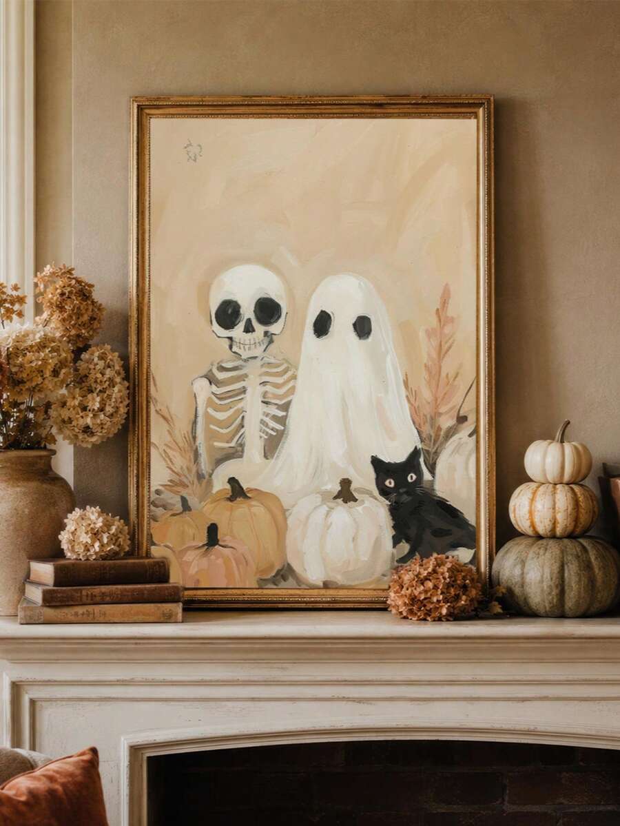 Framed ghost, skeleton, black cat and pumpkin Halloween artwork over a mantel