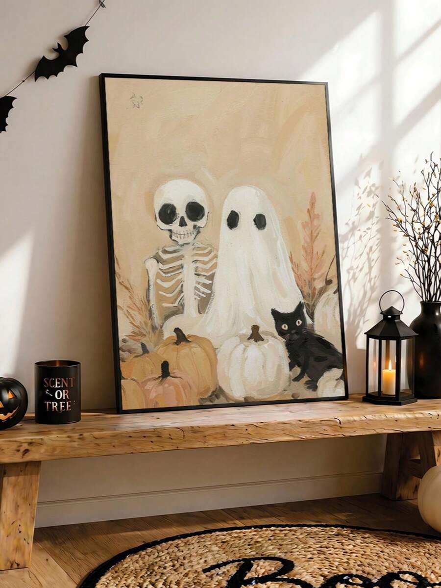 Vintage Bohemian Skeleton Ghost Black Cat & Pumpkin Canvas Poster