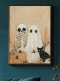 Black-framed ghost, skeleton, cat and pumpkin artwork on a teal wall