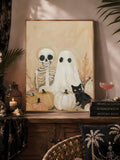 Framed Halloween ghost artwork with a lantern, books, and tropical decor