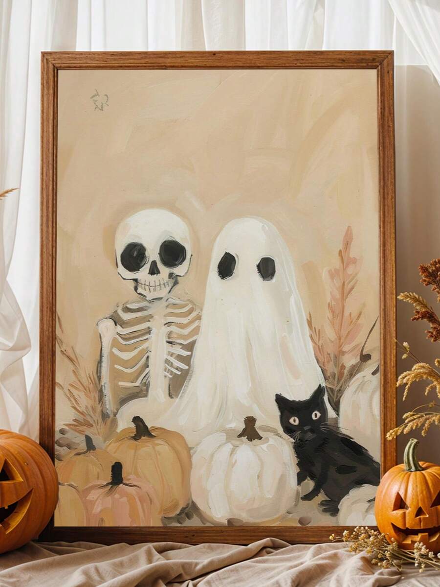 Vintage Bohemian Skeleton Ghost Black Cat & Pumpkin Canvas Poster