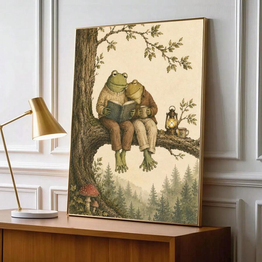 Vintage Whimsical Frog And Toad Reading Couple Cozy Folk Art Canvas Poster