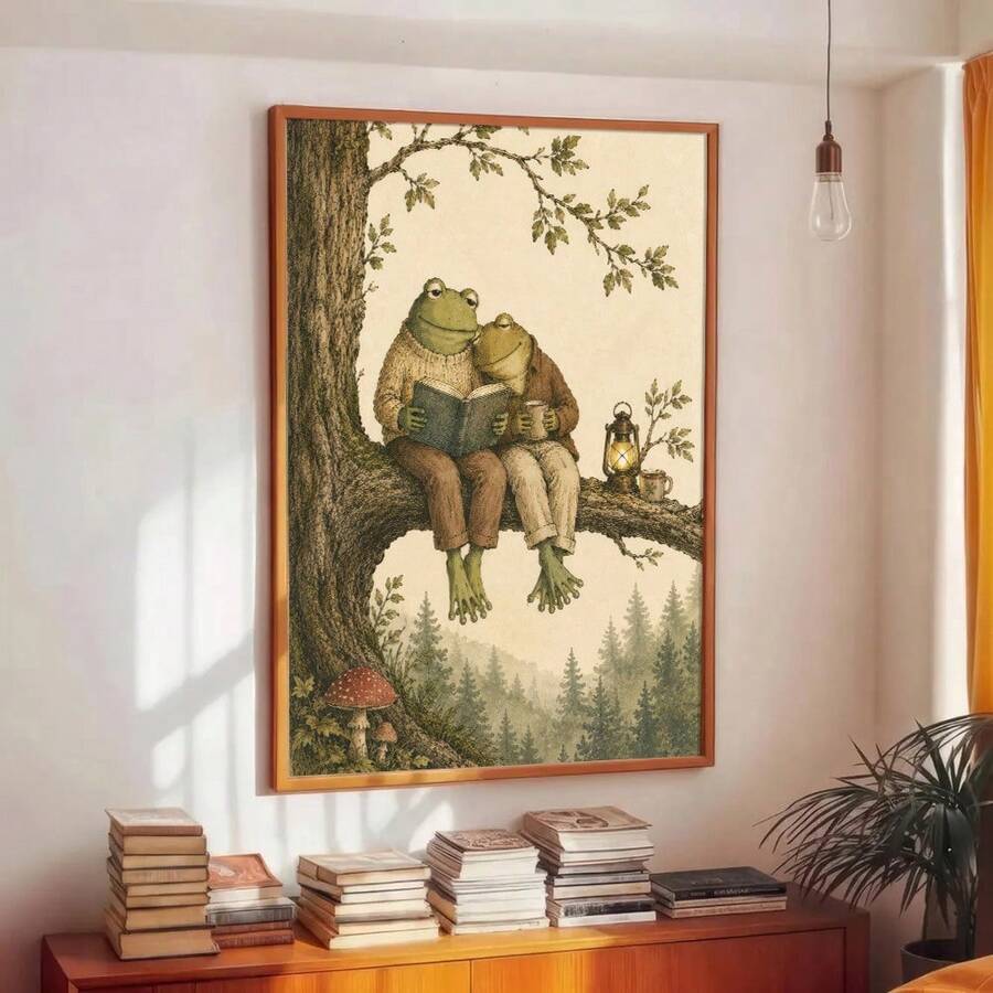Vintage Whimsical Frog And Toad Reading Couple Cozy Folk Art Canvas Poster