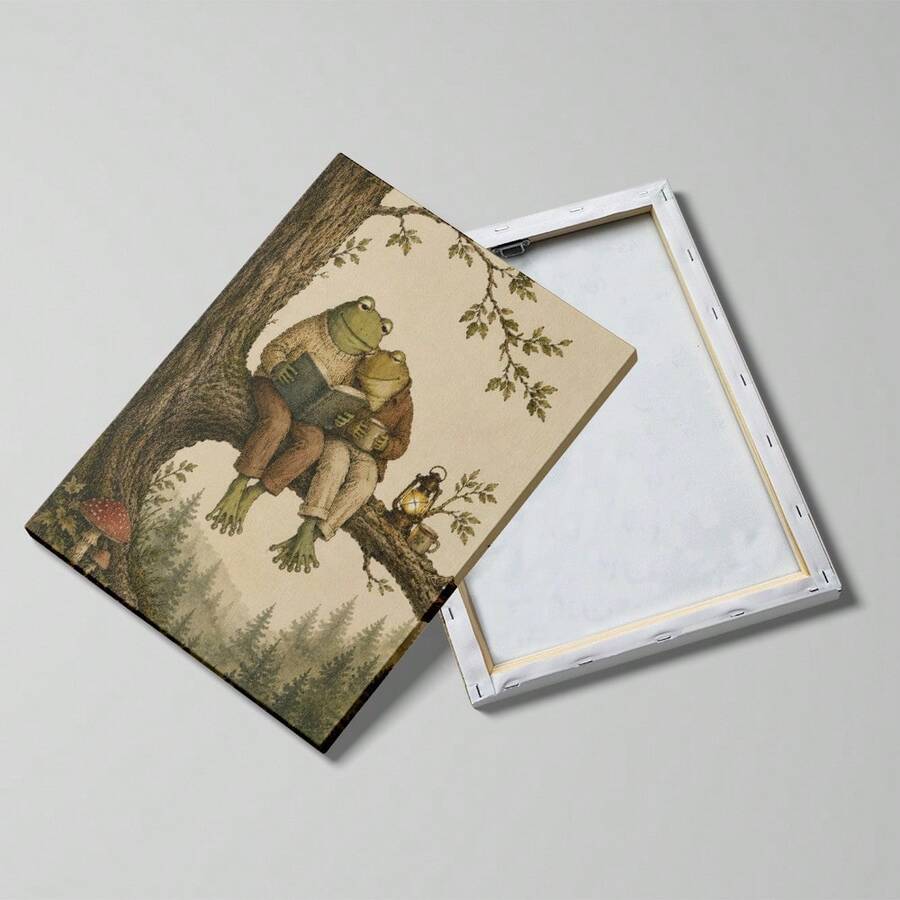 Vintage whimsical frog and toad reading couple canvas poster in green brown and cream