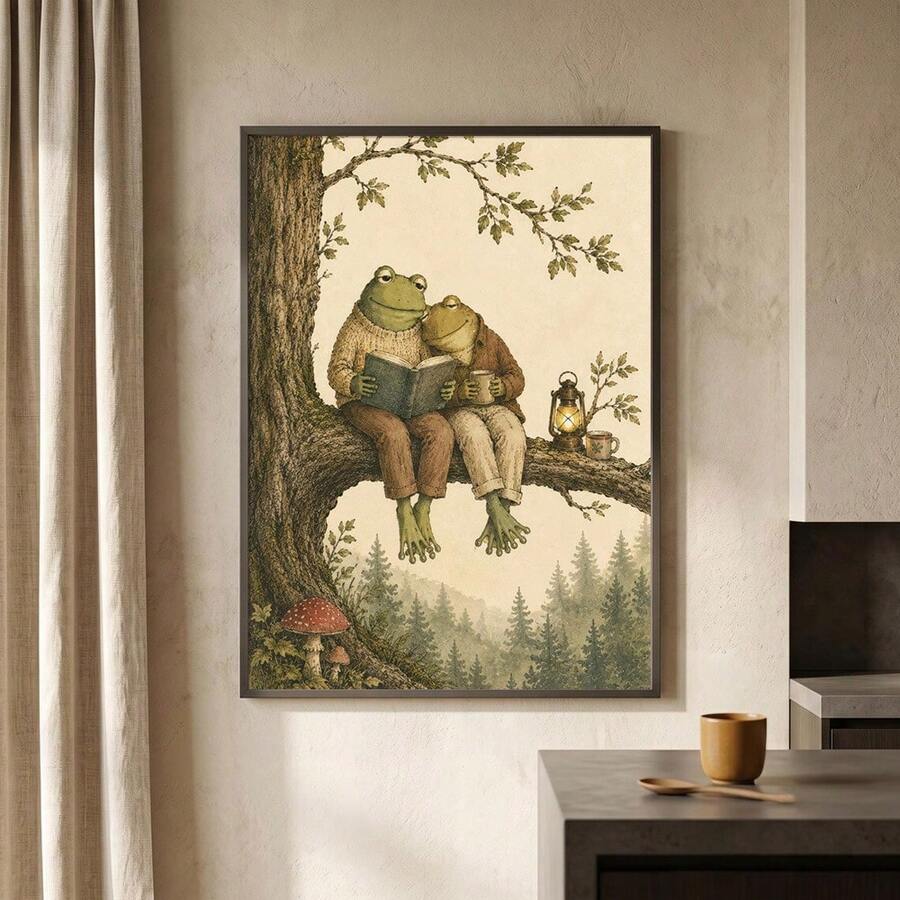 Vintage Whimsical Frog And Toad Reading Couple Cozy Folk Art Canvas Poster