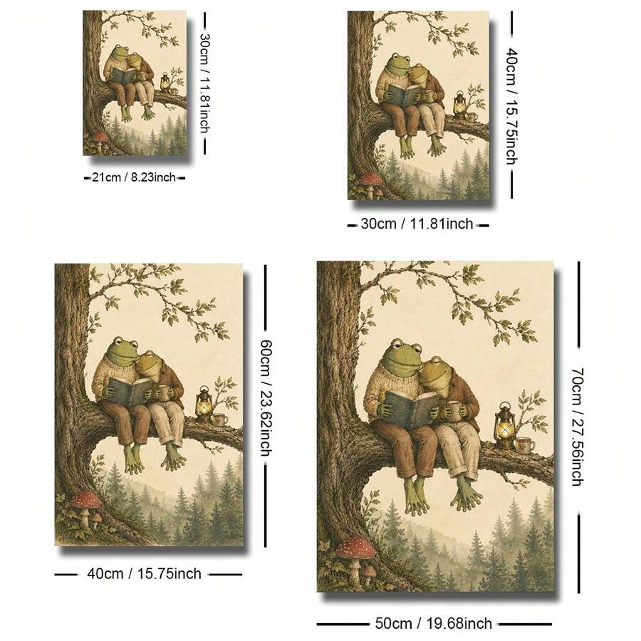 Vintage Whimsical Frog And Toad Reading Couple Cozy Folk Art Canvas Poster