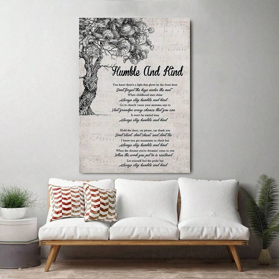 Humble And Kind song lyrics canvas print in a farmhouse living room