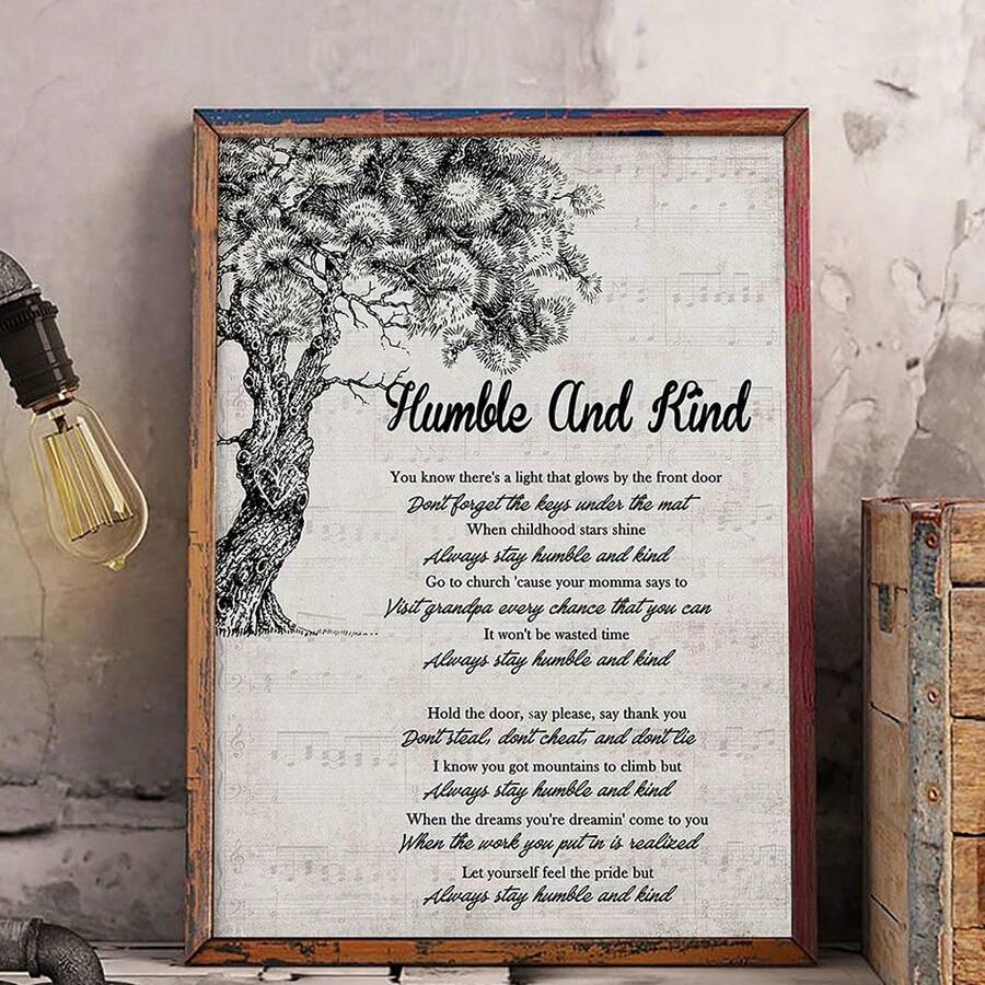 Humble And Kind lyrics canvas poster with a pine tree and sheet music