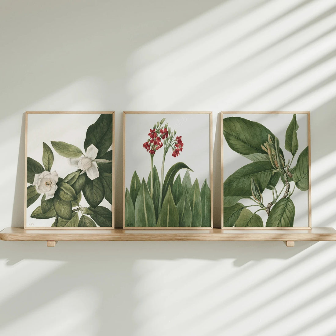 3pcs Modern Green Leaves and Flowers Canvas poster set with fresh botanical style. Perfect for bedrooms, living rooms, offices, Japandi, and natural decor.