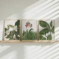 3pcs Modern Green Leaves and Flowers Canvas poster set with fresh botanical style. Perfect for bedrooms, living rooms, offices, Japandi, and natural decor.