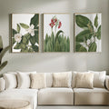 3pcs Modern Green Leaves and Flowers Canvas poster set with fresh botanical style. Perfect for bedrooms, living rooms, offices, Japandi, and natural decor.