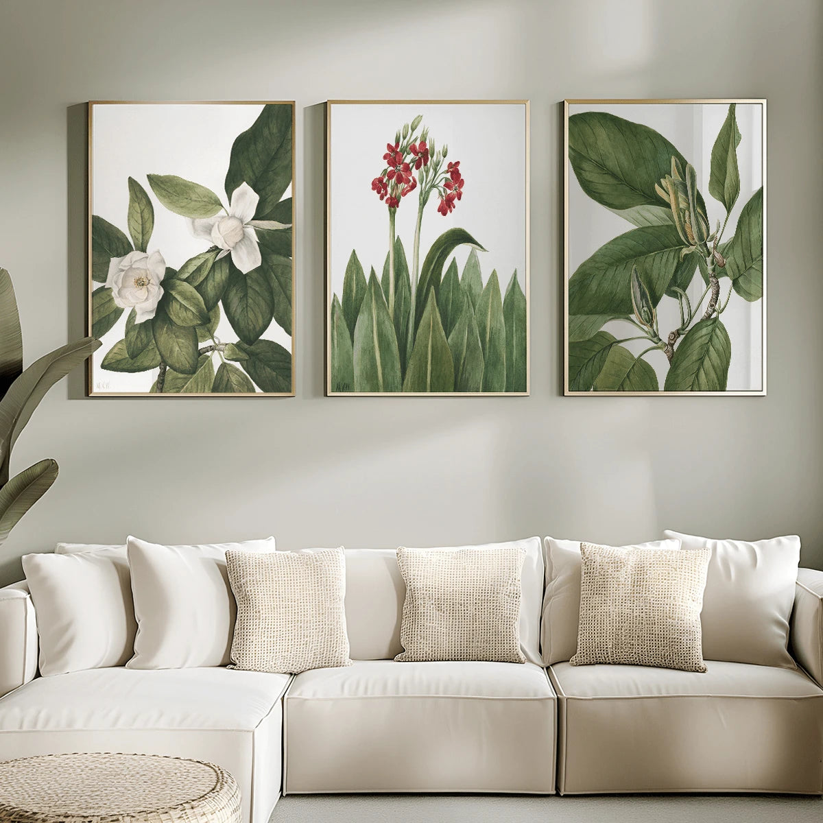 3pcs Modern Green Leaves and Flowers Canvas poster set with fresh botanical style. Perfect for bedrooms, living rooms, offices, Japandi, and natural decor.