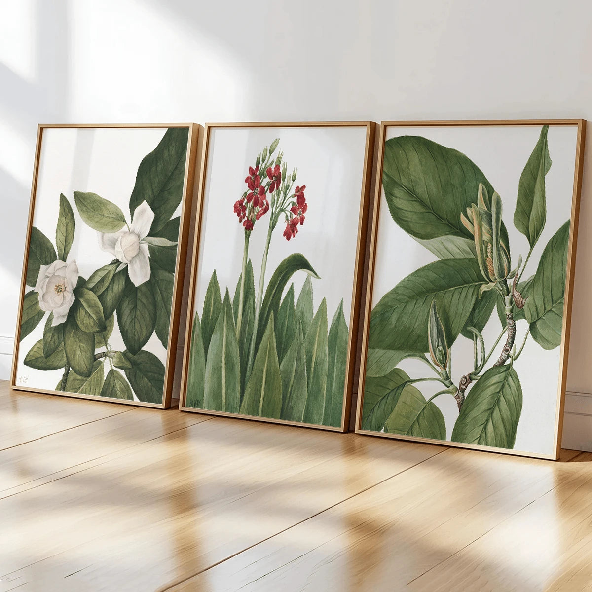 3pcs Modern Green Leaves and Flowers Canvas poster set with fresh botanical style. Perfect for bedrooms, living rooms, offices, Japandi, and natural decor.