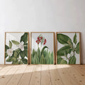 3pcs Modern Green Leaves and Flowers Canvas poster set with fresh botanical style. Perfect for bedrooms, living rooms, offices, Japandi, and natural decor.