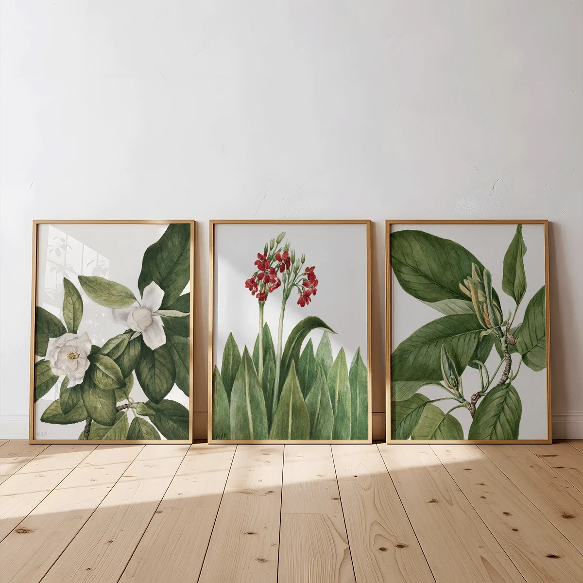 3pcs Modern Green Leaves and Flowers Canvas poster set with fresh botanical style. Perfect for bedrooms, living rooms, offices, Japandi, and natural decor.