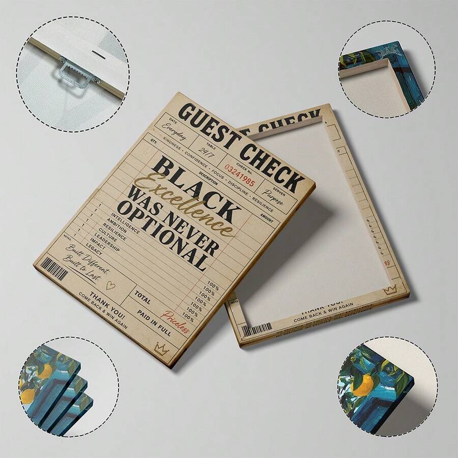 Black excellence guest check poster styled in a light wood frame in an Afrocentric living room