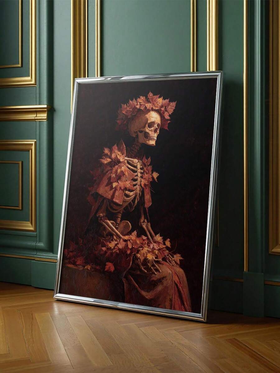 Vintage Dark Gothic Skull & Maple Leaf Canvas Poster 