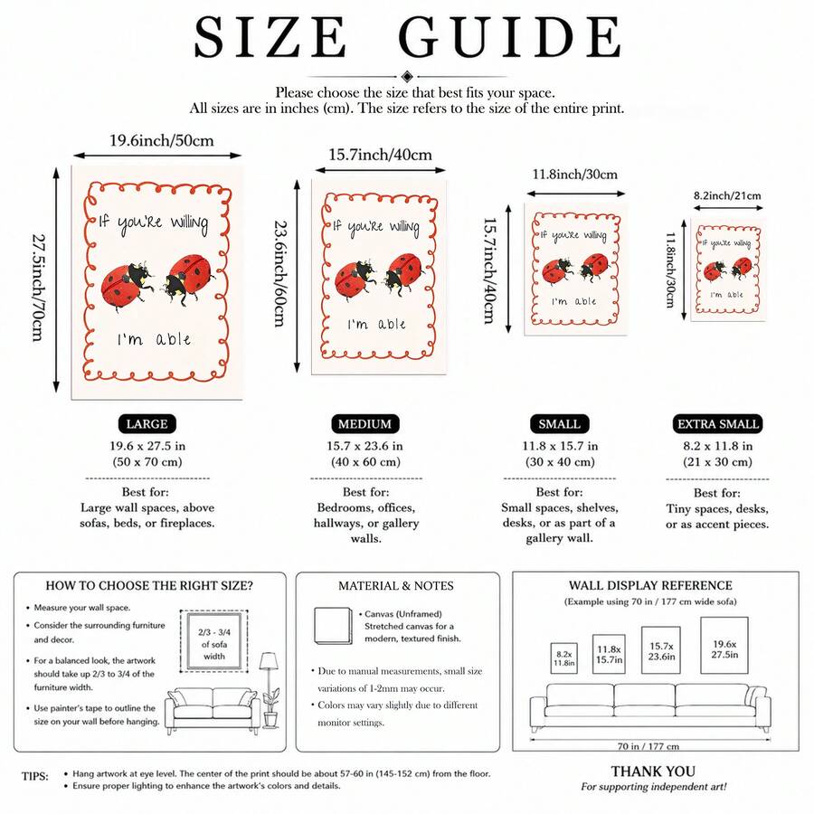 Size guide for ladybug canvas poster in four available dimensions