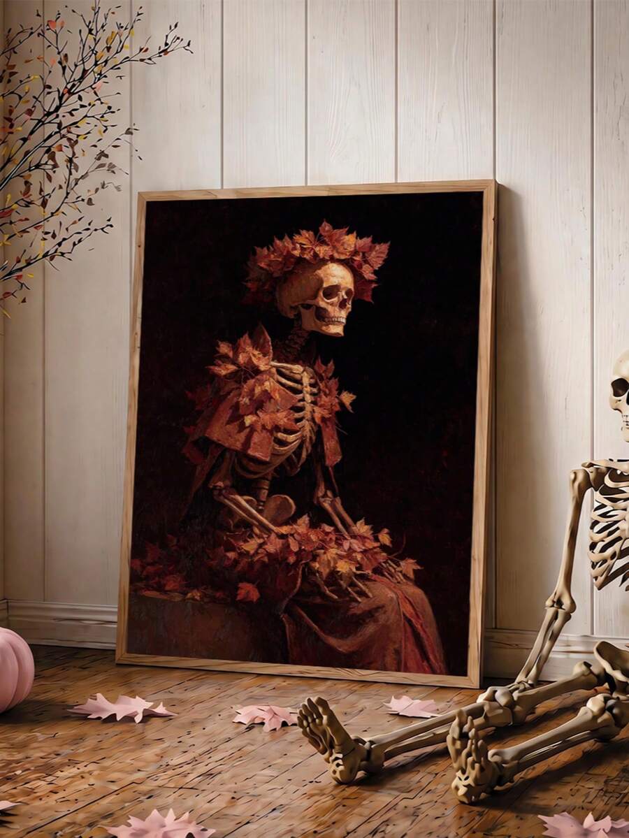 Vintage Dark Gothic Skull & Maple Leaf Canvas Poster 