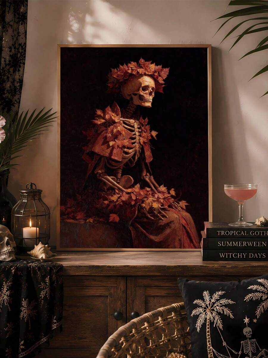 Vintage Dark Gothic Skull & Maple Leaf Canvas Poster 