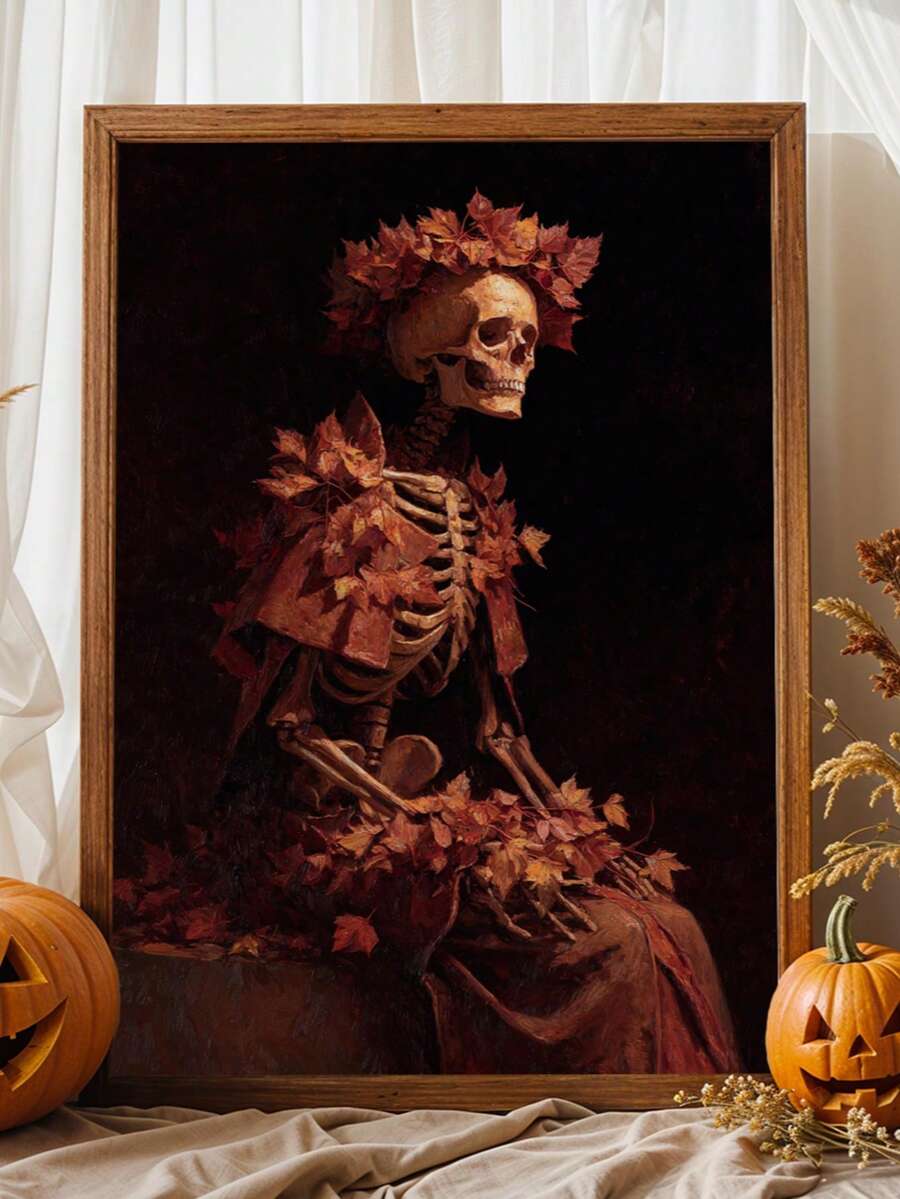 Vintage Dark Gothic Skull & Maple Leaf Canvas Poster 