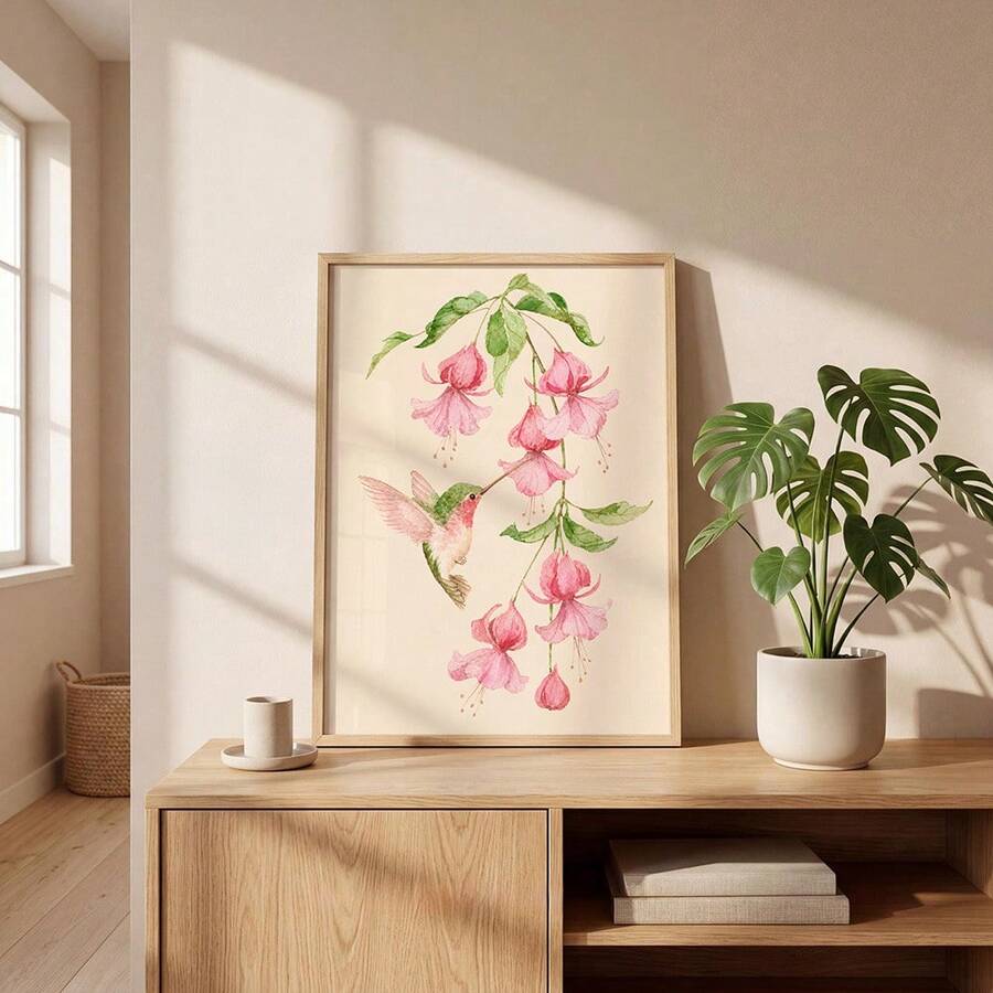 Watercolor hummingbird and pink fuchsia flower canvas poster in light wood frame