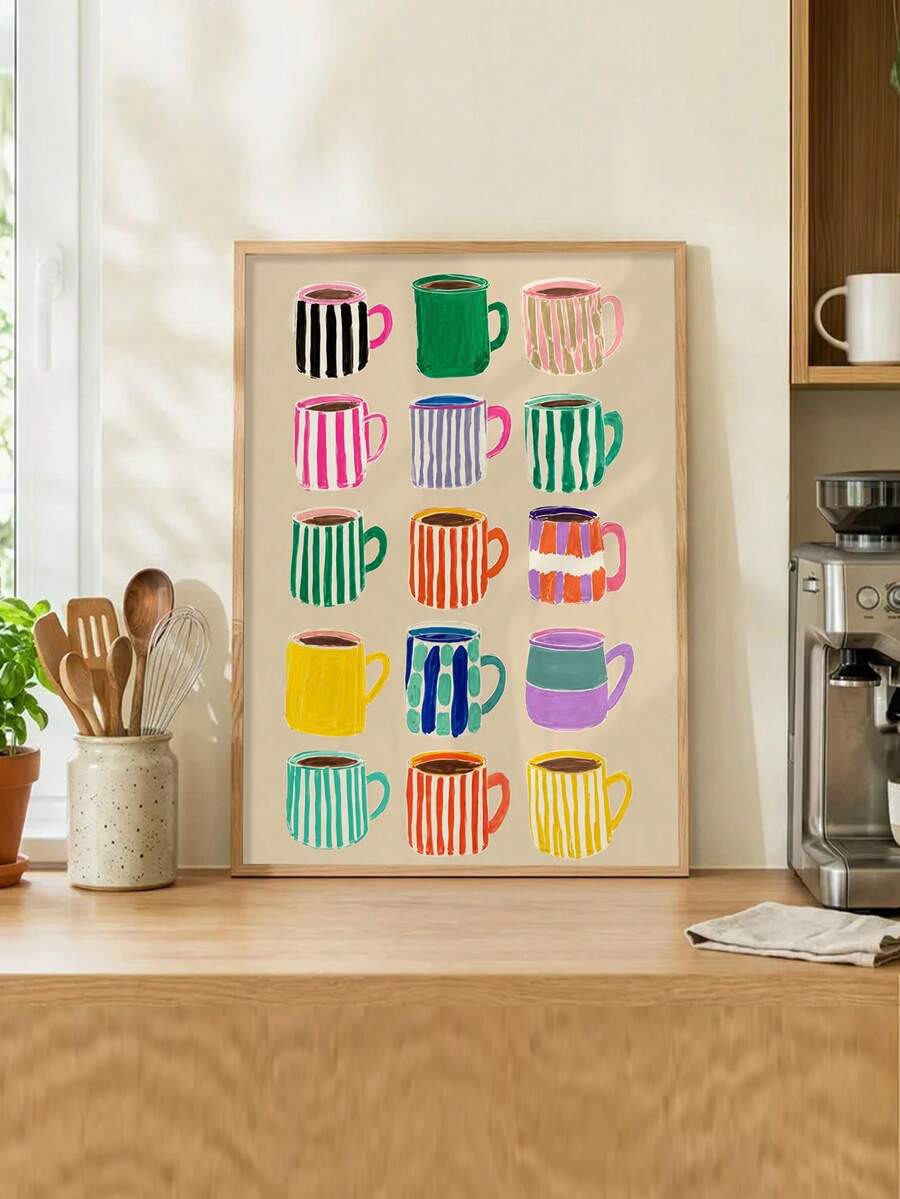 Framed striped coffee mug wall art displayed on a tiled kitchen counter