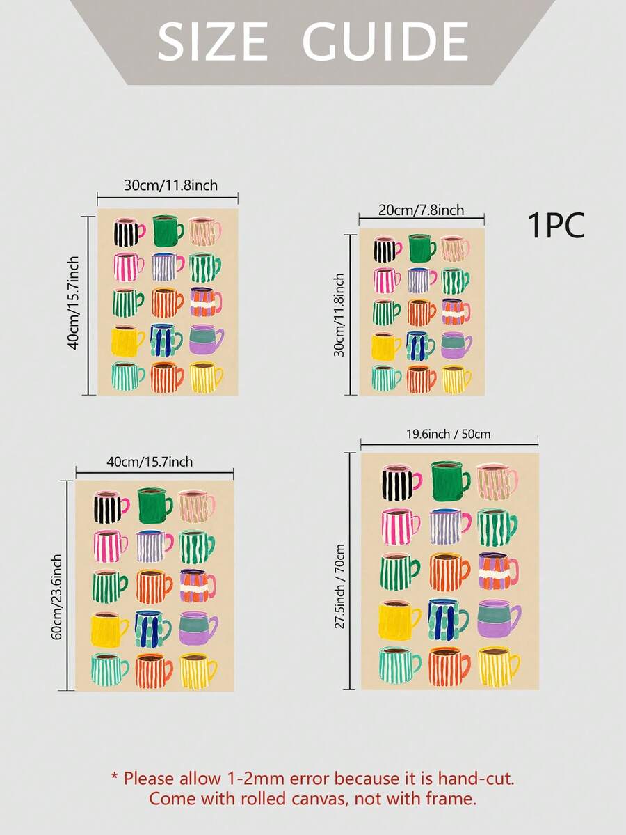 Size guide for colorful coffee cup canvas poster with unframed dimensions