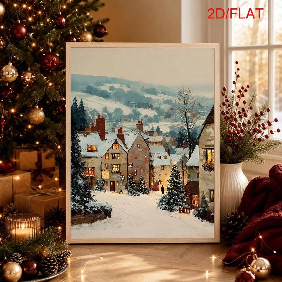 Vintage snowy European town canvas poster with warm cabin lights