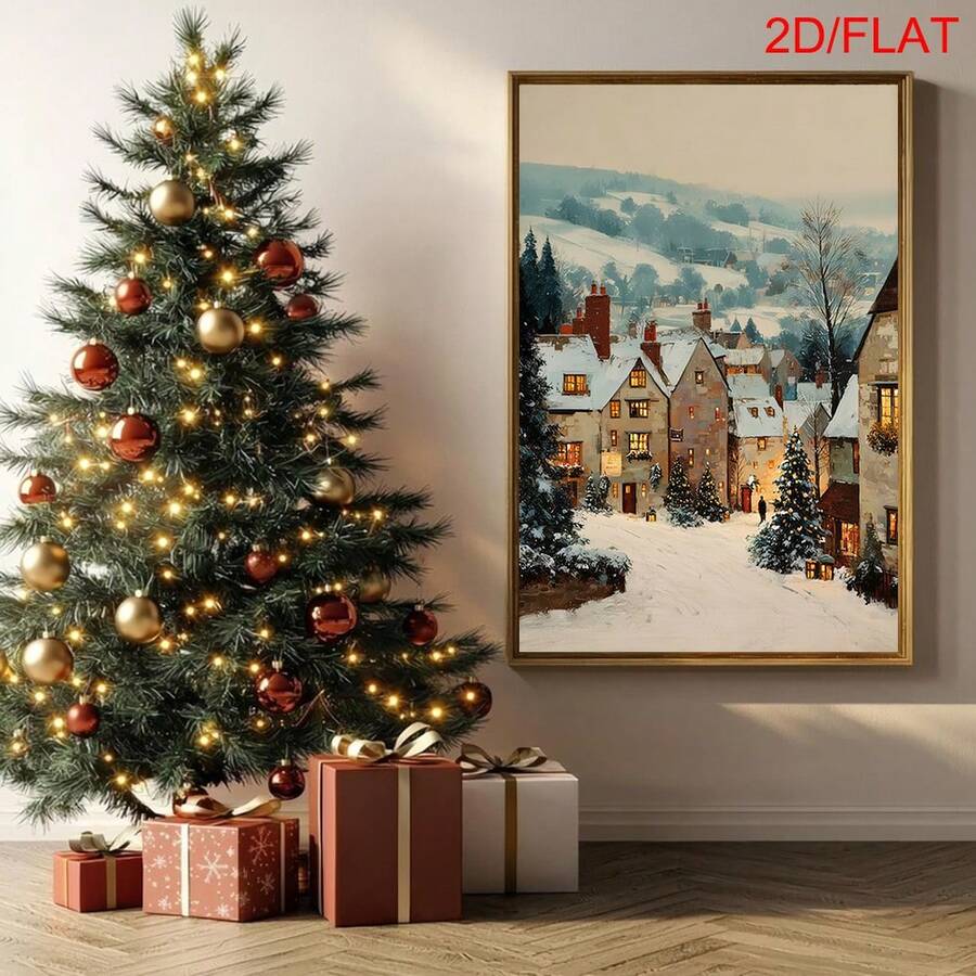Storybook winter town poster styled with holiday garlands and candles