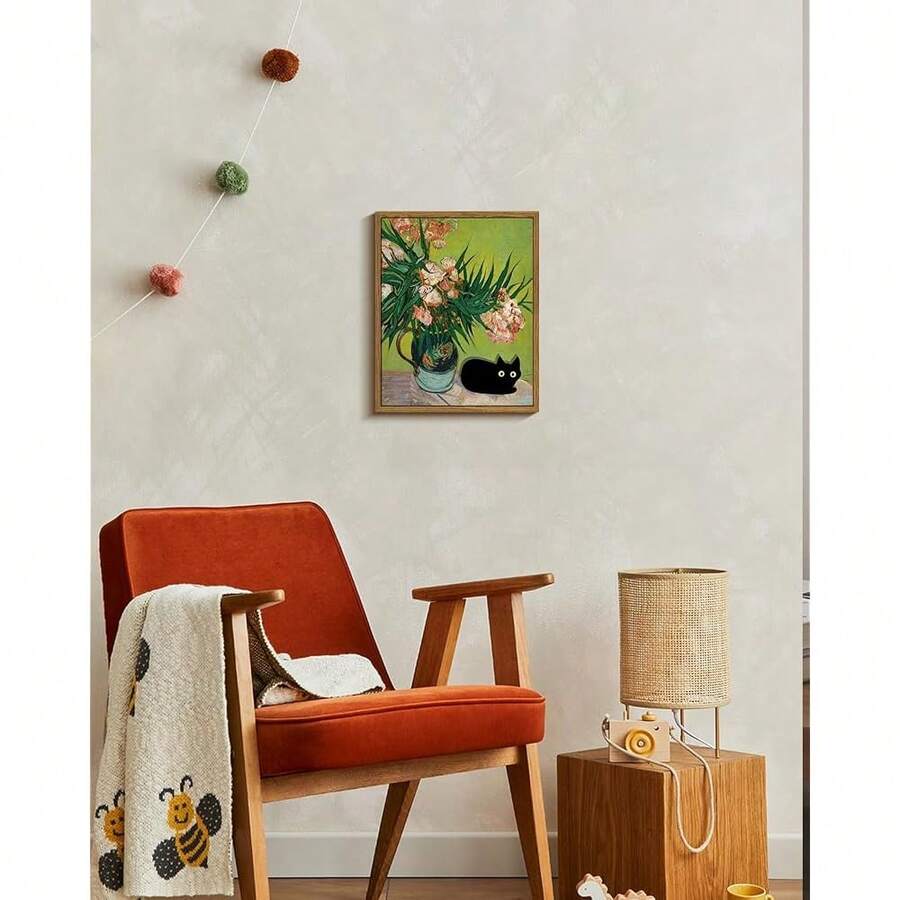 Vintage Vase With Oleanders & Naughty Black Cat Canvas Poster 