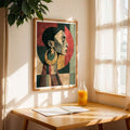 Female portrait poster displayed in a warm living room beside a leafy plant