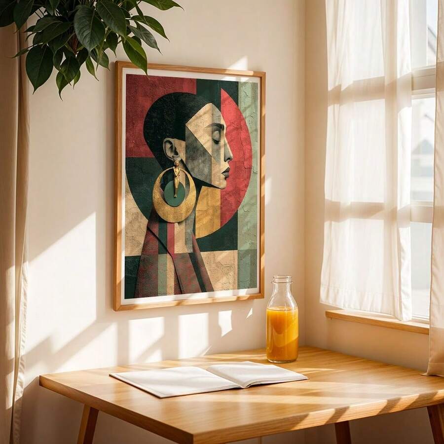 Female portrait poster displayed in a warm living room beside a leafy plant
