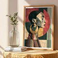 Close view of angular female profile portrait in terracotta and deep green