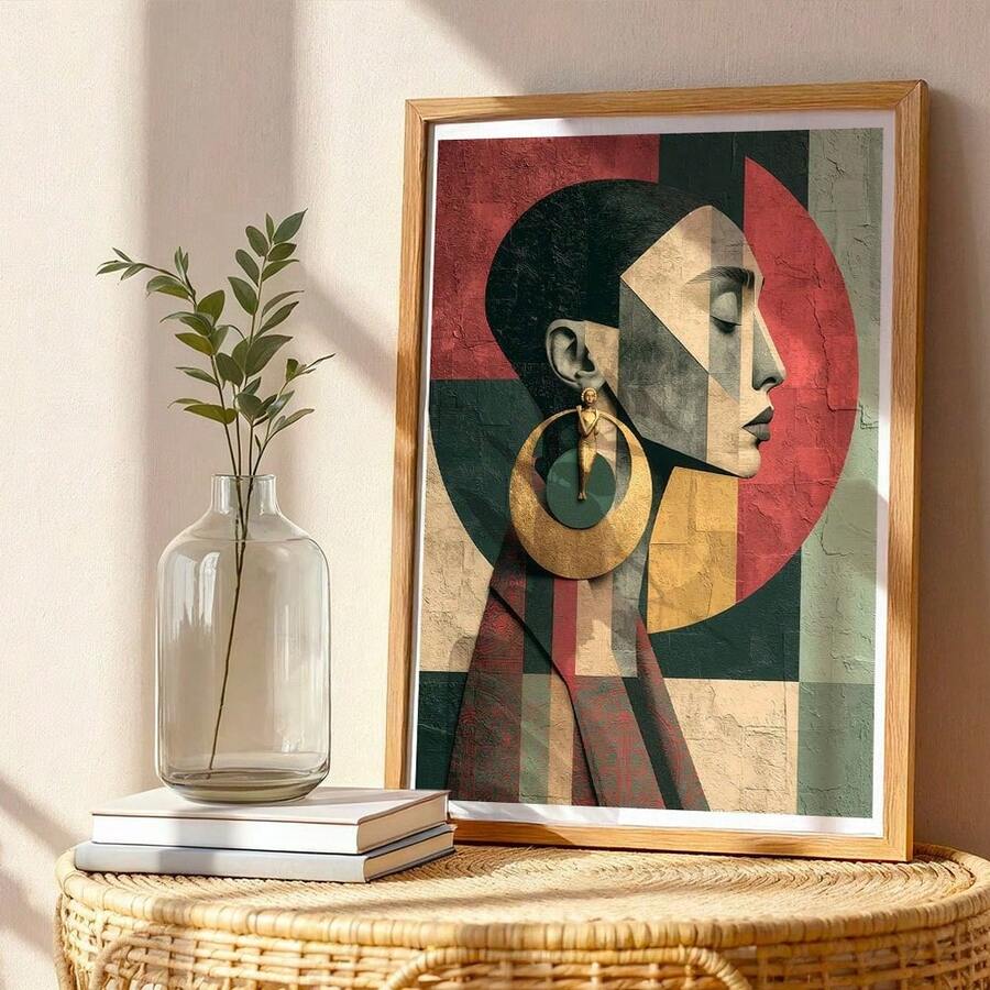 Close view of angular female profile portrait in terracotta and deep green