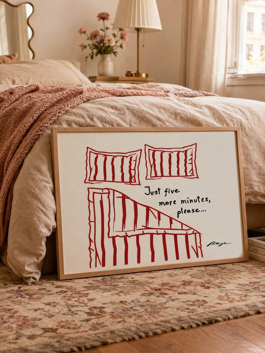 Stay In Bed 5 More Minutes Canvas Wall Art Minimalist Red White Bedroom Decor