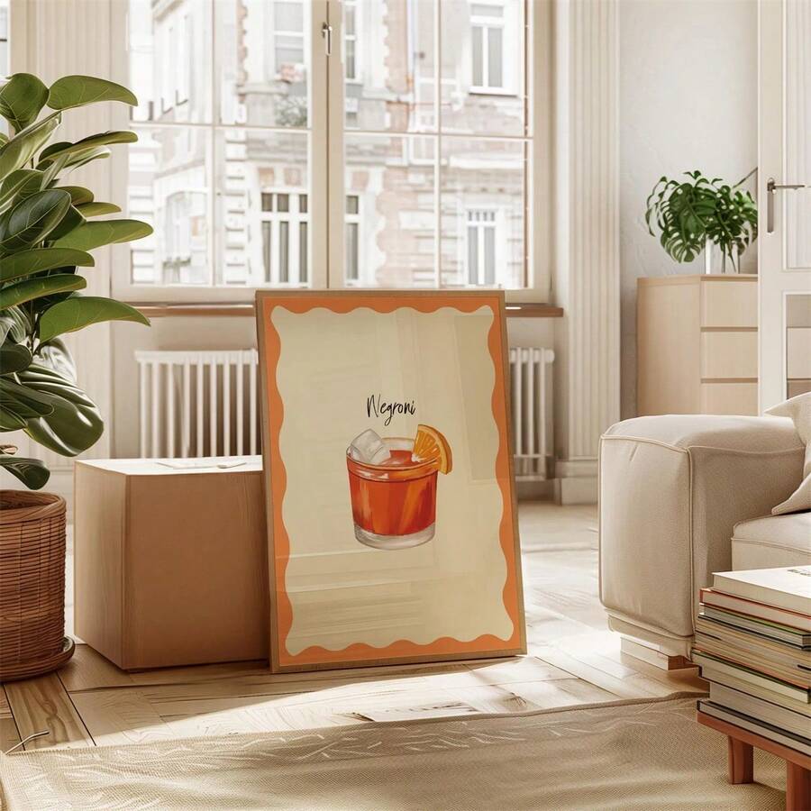Retro Negroni cocktail artwork with orange border and cursive typography in a sunlit living room