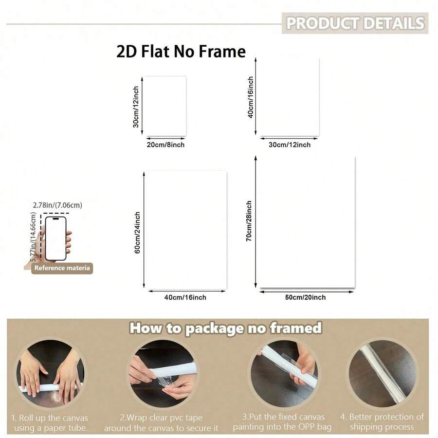 2D flat unframed canvas size chart and rolled packaging instructions