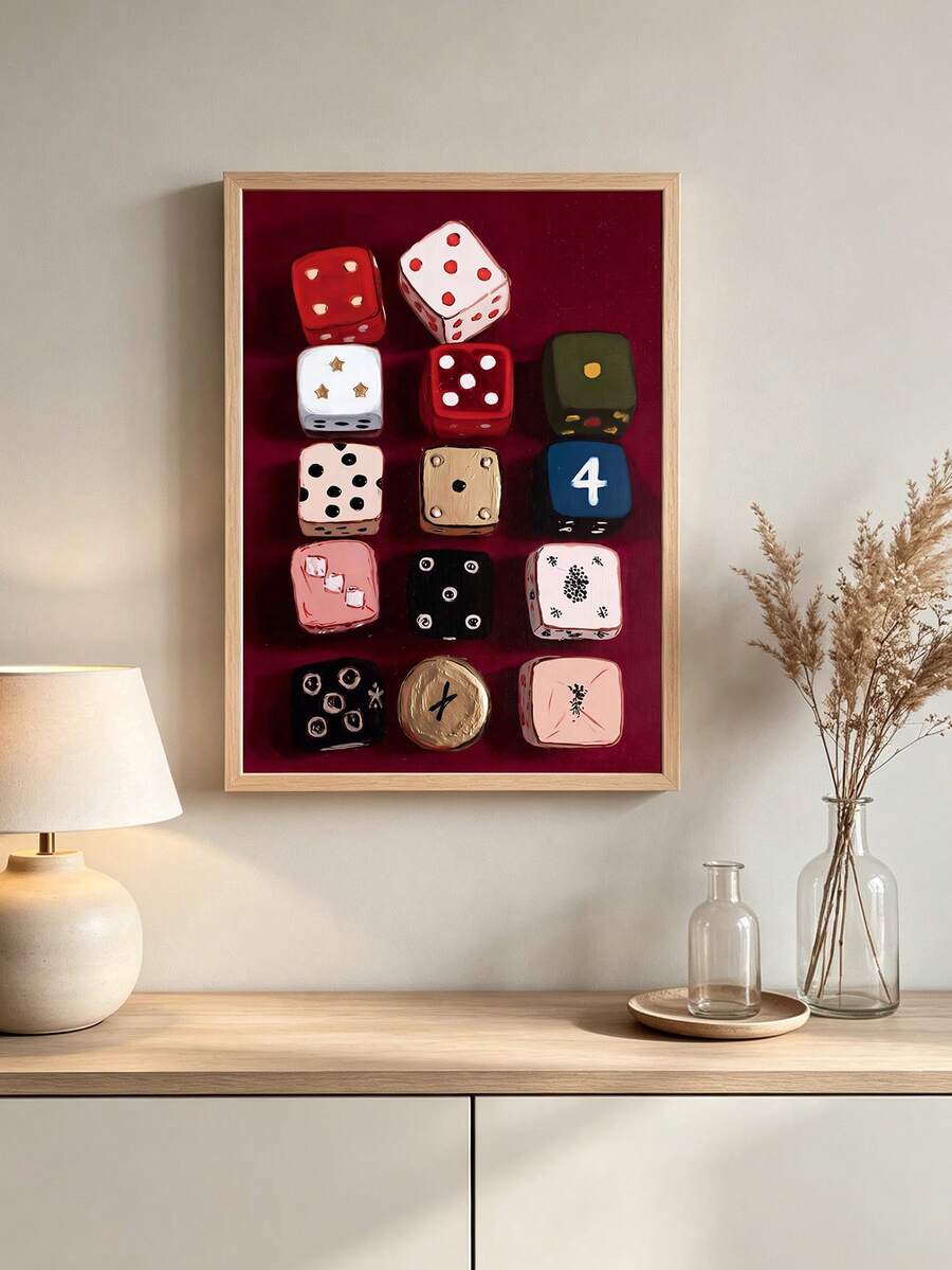 Framed burgundy vintage dice print with blue number four stars and colorful hand drawn cubes