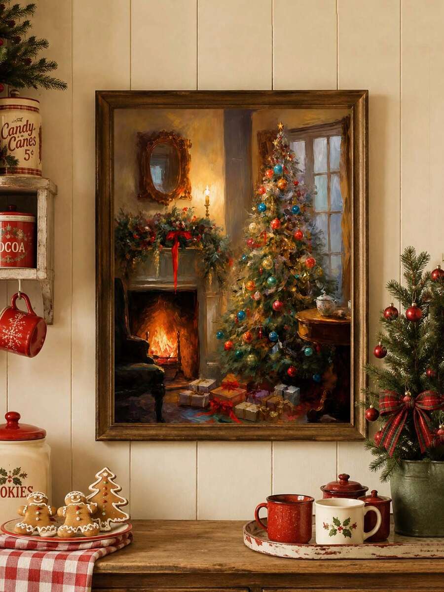 Framed cozy Christmas fireplace poster with a decorated tree, glowing fire, garland, and wrapped gifts
