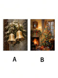 Two-piece vintage Christmas canvas poster set showing golden bells and a decorated fireplace scene