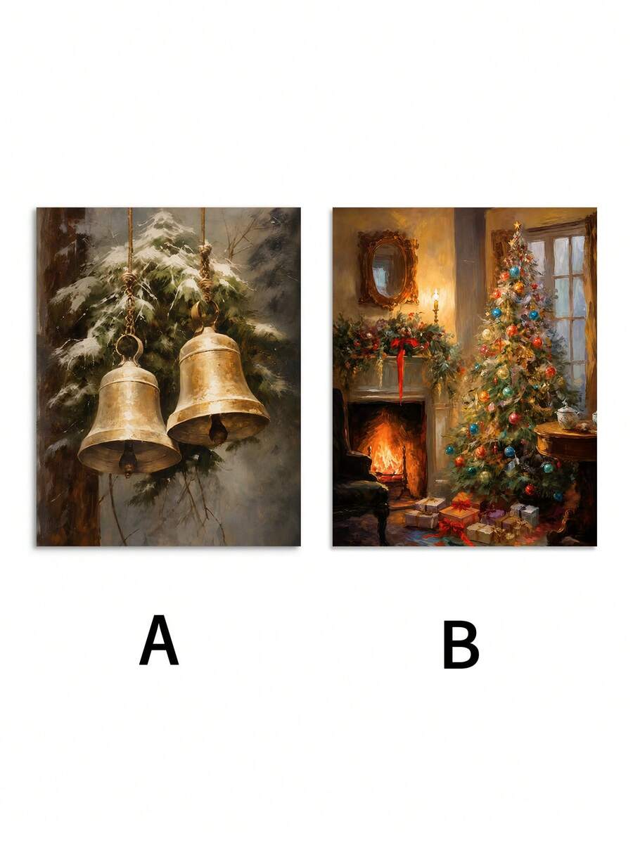 Two-piece vintage Christmas canvas poster set showing golden bells and a decorated fireplace scene