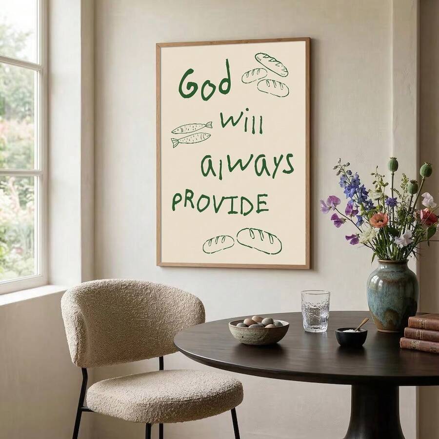 God will always provide bread and fish Bible verse canvas leaning on a living room cabinet